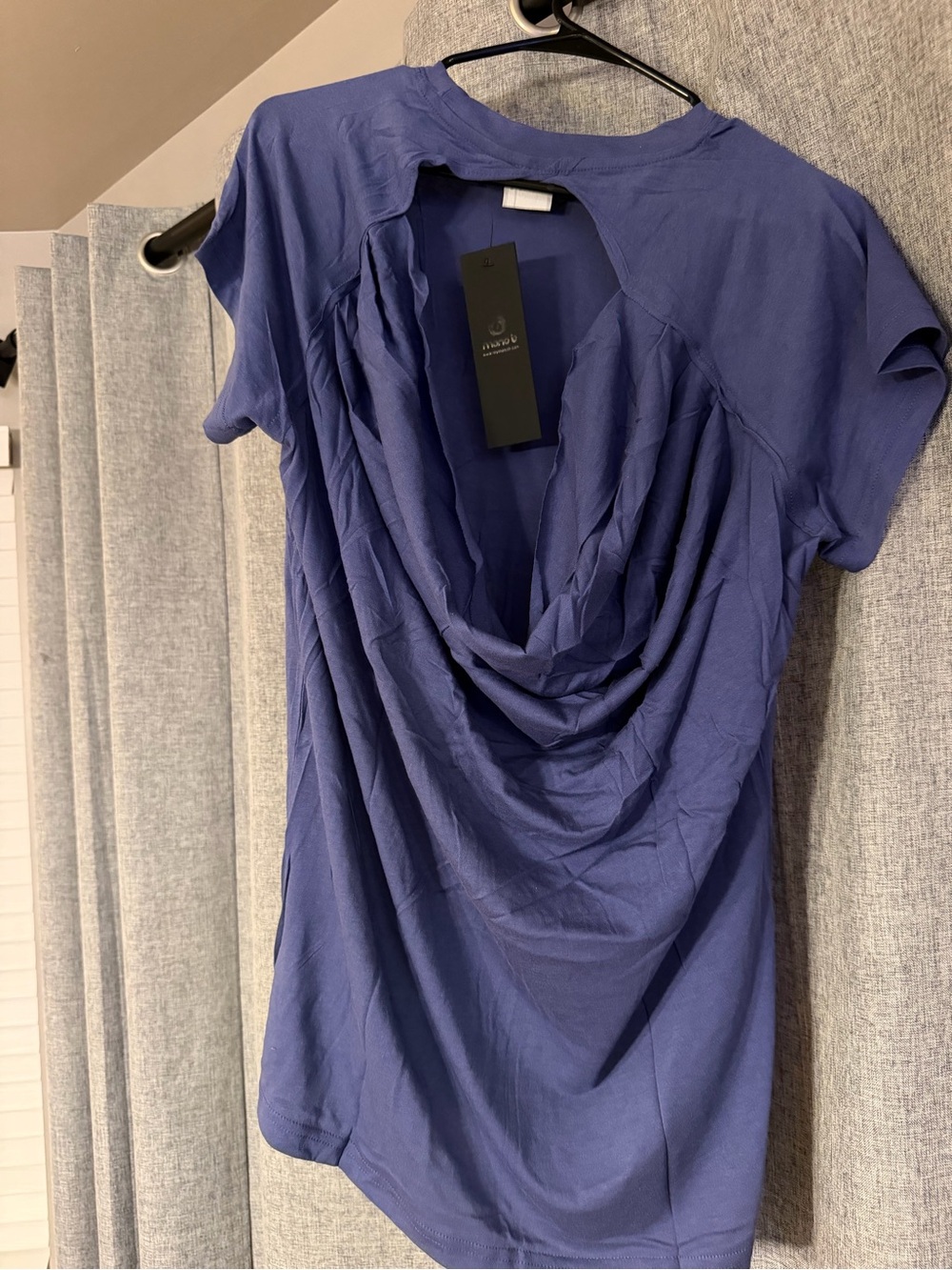 Mono B Draped Open-Back Short Sleeve Top in Blue